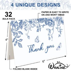 Whaline 32 Packs Floral Thank You Cards Blue White Chinoiserie Flower Greeting Cards Blank Note Cards with Envelopes and Stickers for Wedding Birthday Bridal Shower, 4 x 6 Inch