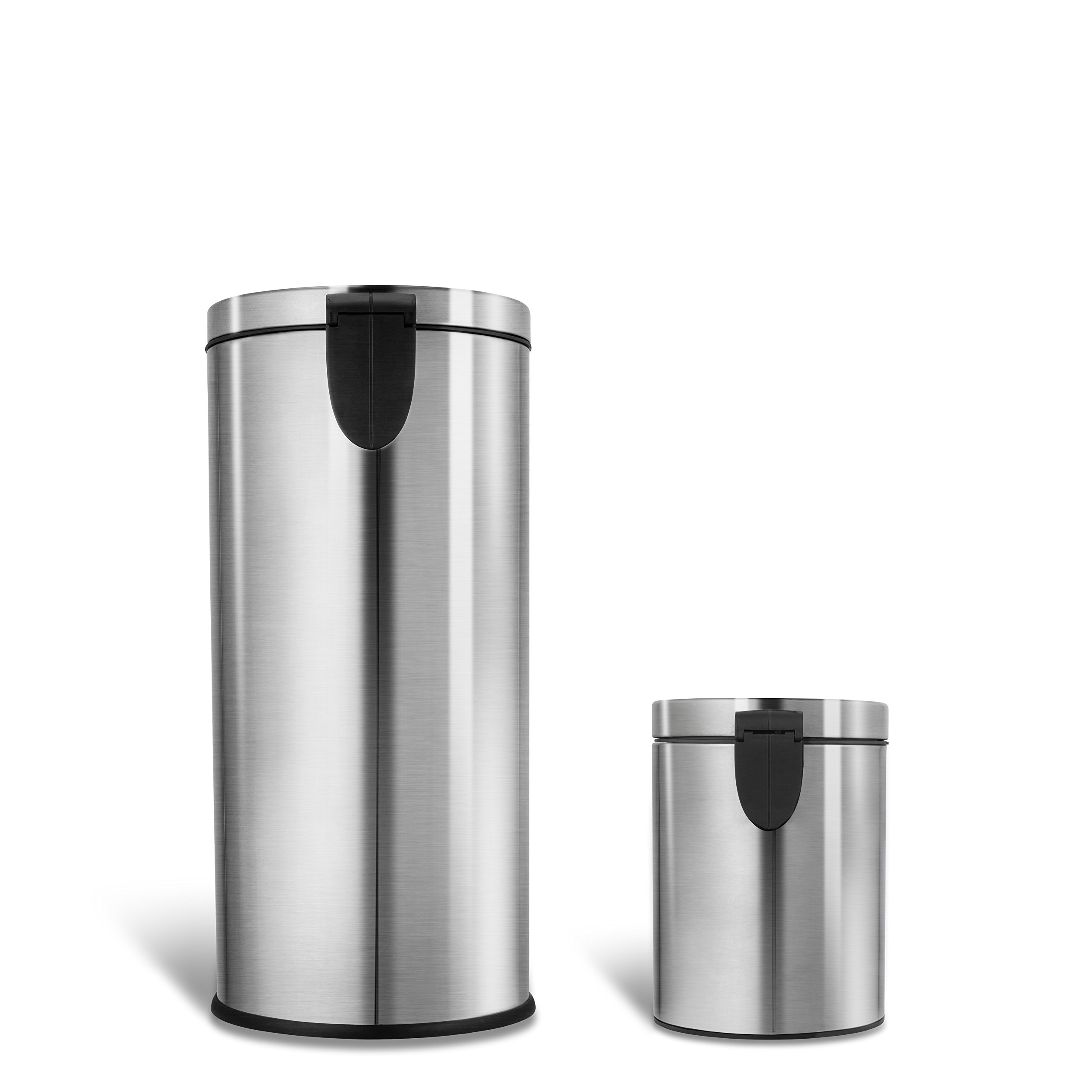 8 Gallon and 1.2 Gallon Combo Set Round Stainless Steel Step on Trash Can, Fingerprint-Resistant Soft Close Lid Hands-Free Trash can, Removable Plastic Inner Bucket Waste Bin, 8 Gal 30L & 1.2 Gal 5L