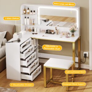 YITAHOME Vanity Desk Set- L Makeup Vanity with Mirror and Lights 3 Lighting Modes, 48" Large Dressing Table with 5 Tempered Glass Drawers with Open Storage Shelves Vanity Table, White