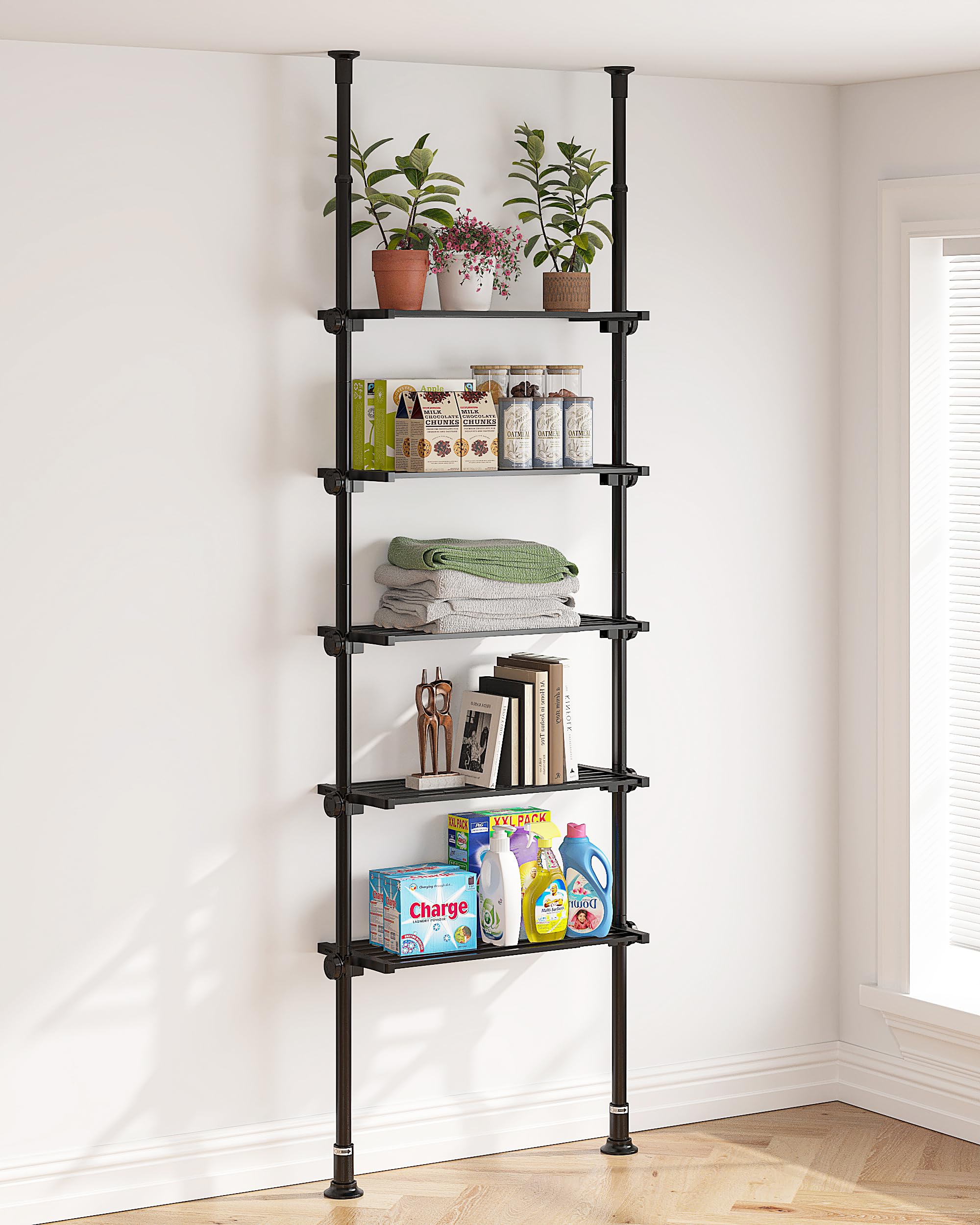 ALLZONE 5-Tier Metal Storage Shelves Organizer, Adjustable Width and Height, Shelving Units and Storage with Tension Mount, Versatile for Kitchen Shelves, Closet Shelves, Laundry Room Shelves, Black