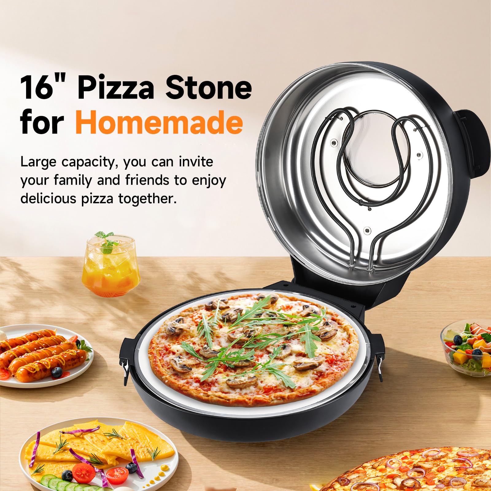 Upgrade Davivy 16" Large Indoor Pizza Oven with Pizza Stone & Grill Pan, Electric Pizza Cooker Heats up to 380℃, Portable Indoor Pizza Maker Machine for Home with Timer, Window - Black