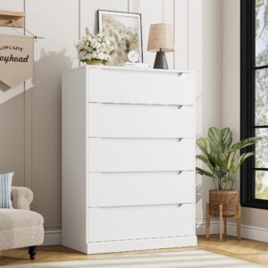 HOSTACK Modern 5 Drawer Dresser for Bedroom, Tall Chest of Drawers with Storage, Large Wood Cloth Storage Organizer with Cut-Out Handle, Accent Storage Cabinet for Living Room, Hallway, Classic White