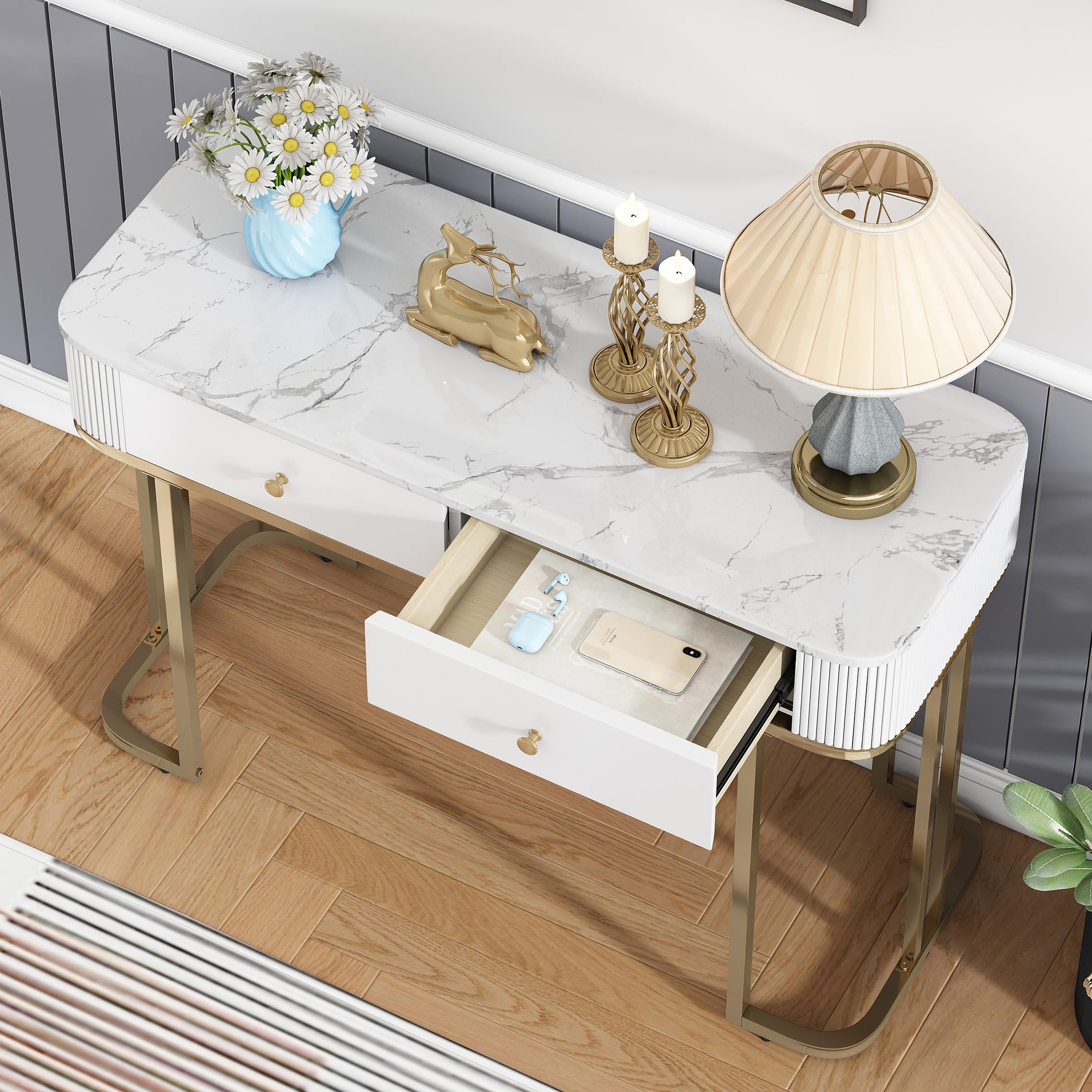 OIOG Console Tables for Entryway, Marble Grain Sofa Table with Stroage, Makeup Dressing Table, Modern Entryway Table with 2 Drawers for Living Room, Hallway, Foyer, Bedroom, White and Gold