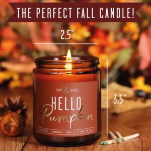 Pumpkin Spice Candle, Fall Candles - 'Hello Pumpkin' Pumpkin Candle, Autumn Scented Soy Candles for Home, Fall Scented Candles for Home, Fall Home Décor, 9oz Reusable Jar, 50Hr Burn, Made in USA