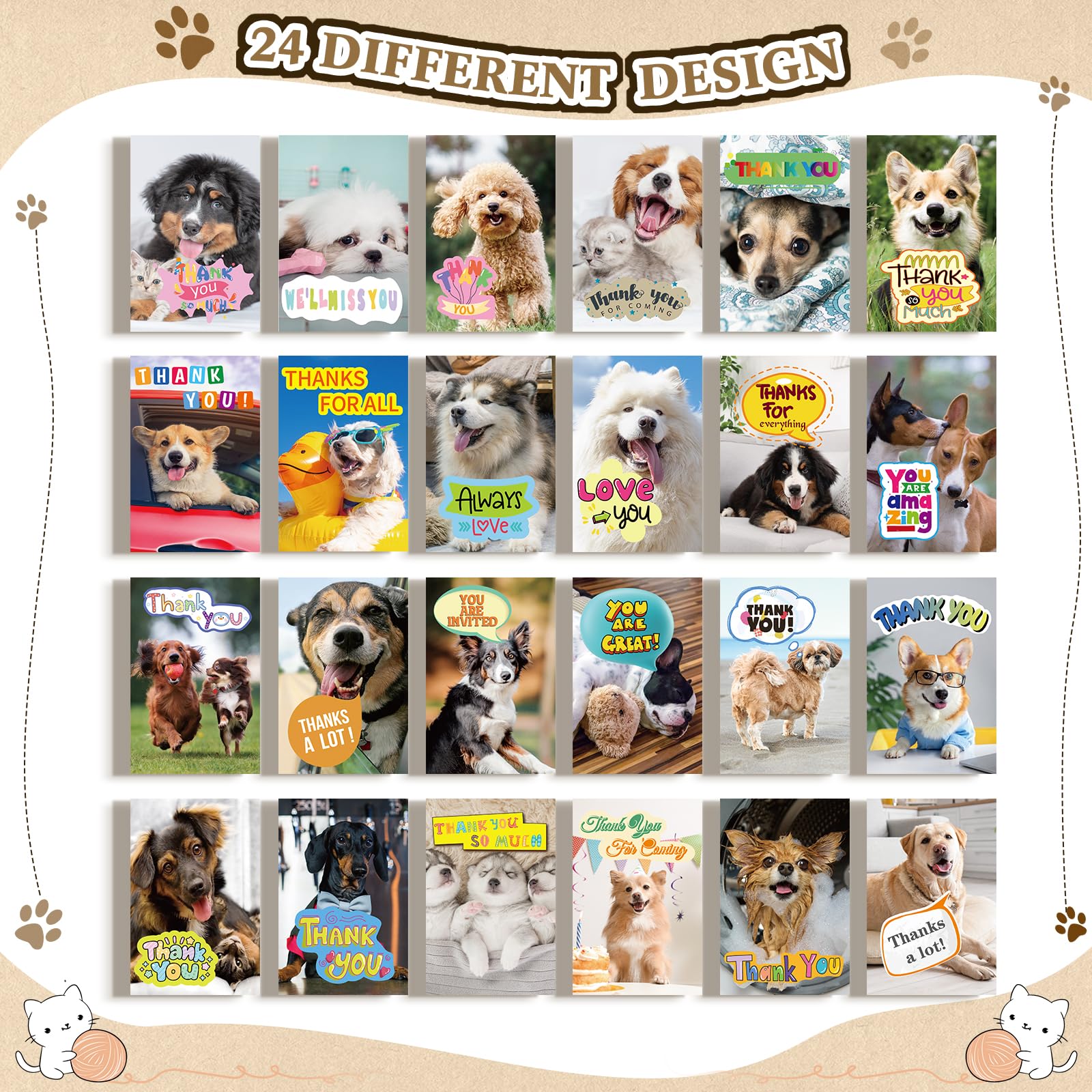 Motiskyy 48 Set Dog Thank You Cards with Envelopes 4 x 6 in Puppy Animal Themed Cards Blank Inside Dog Note Cards Funny Greeting Card for Gratitude, Recognition, Appreciation