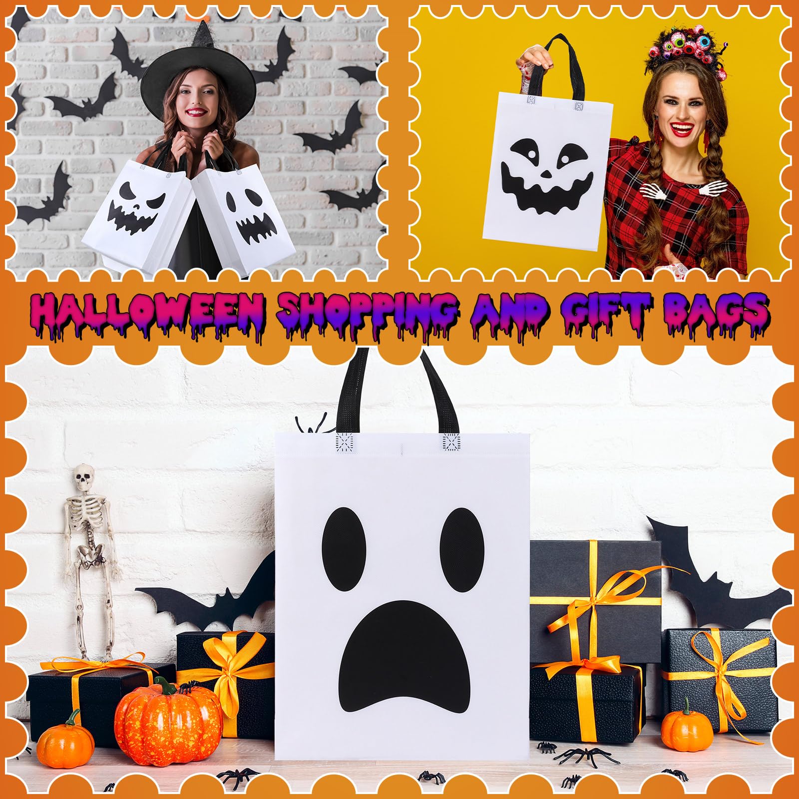 Sanwuta 48 Pcs Halloween Tote Bags Gift Bags 14.9 x 11.8 Large Trick or Treat Bags Halloween Ghost Bags Reusable Halloween Non Woven Candy Bags Treat Goodies Bags for Halloween Party Supplies