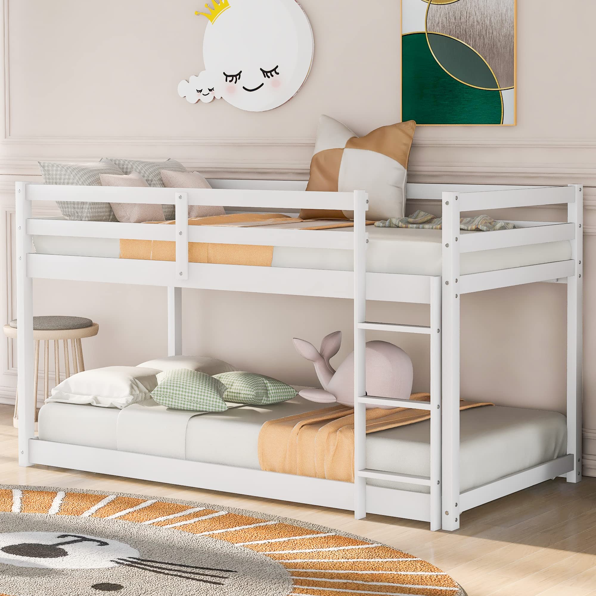 LUSPAZ Twin Over Twin Size Wood Floor Bunk Bed Frame with Ladder for Kids, Transitional Style Safety Design Bunk Bed, Easy Assembly, No Box Spring Required, for Kid's Room or Dormitory, White