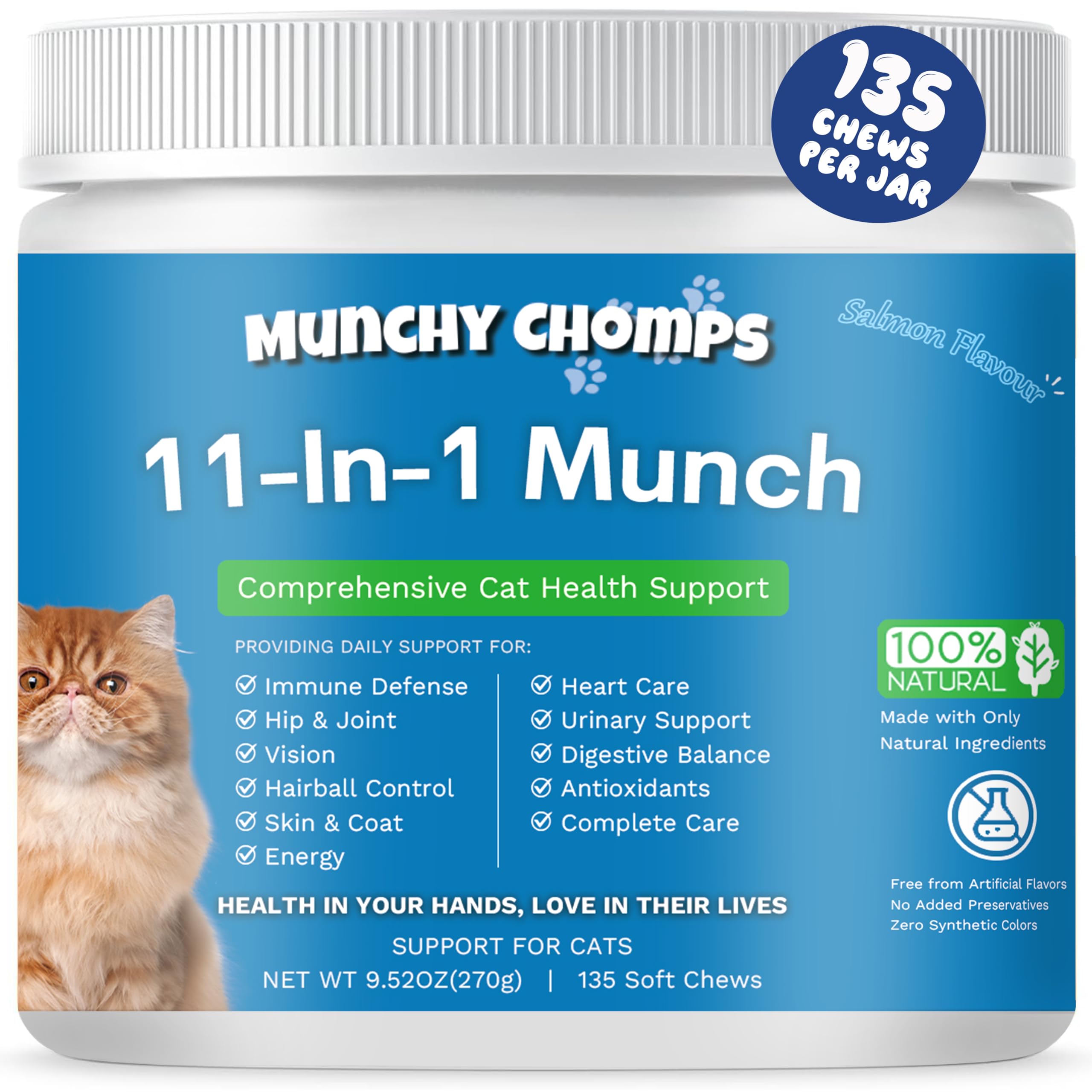 Munchy Chomps 11-in-1 Munch for Cats - Comprehensive Health Support with Multivitamins - Supports Immune, Joint, Skin & Digestive Health - Prevents Hairballs (Salmon)