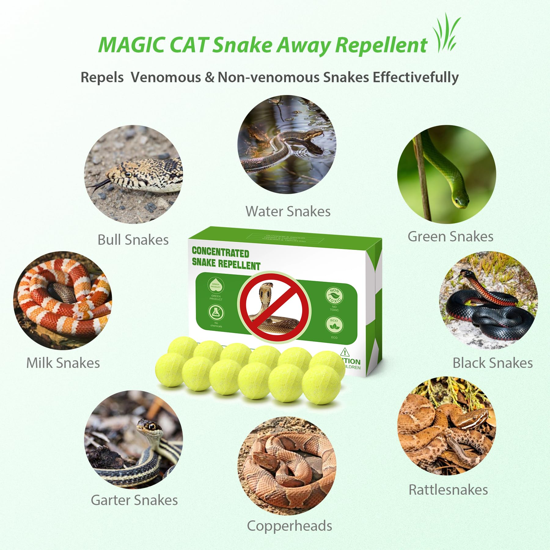 MAGIC CAT Snake Repellent for Yard Powerful, 12 Pack Snake Away Repellent Pet Safe for Yard Lawn Garden Camping Fishing, Natural Plant Formula Repellent Balls for Outdoor & Indoor Snake Control