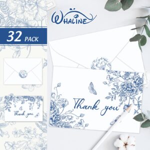 Whaline 32 Packs Floral Thank You Cards Blue White Chinoiserie Flower Greeting Cards Blank Note Cards with Envelopes and Stickers for Wedding Birthday Bridal Shower, 4 x 6 Inch