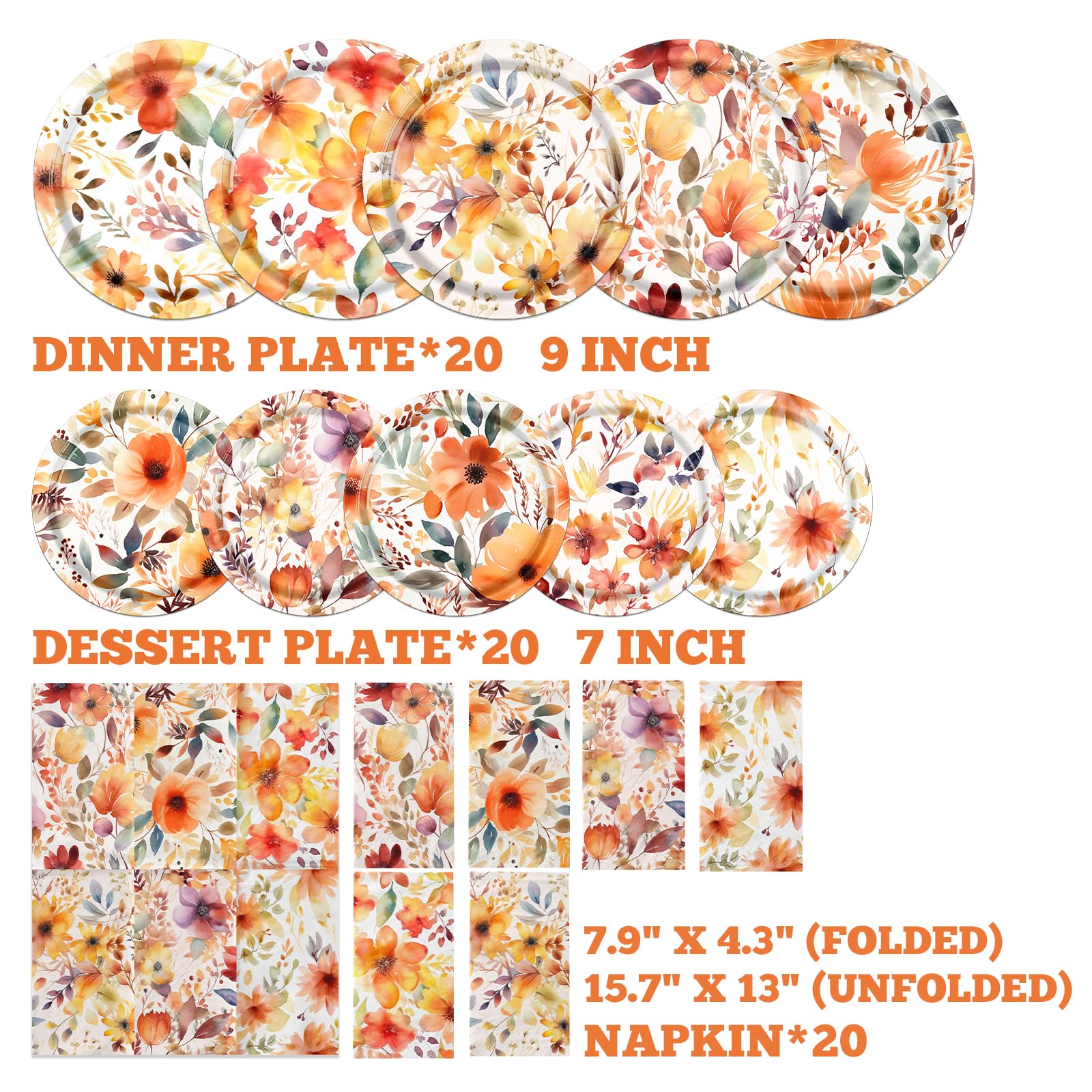 Juweked 60Pcs Fall Plates and Napkins Sets Fall Floral Paper Plates and Napkins Thanksgiving Tableware Set Fall Party Decorations for Bridal Shower Autumn Party Supplies Fall Harvest Decorations