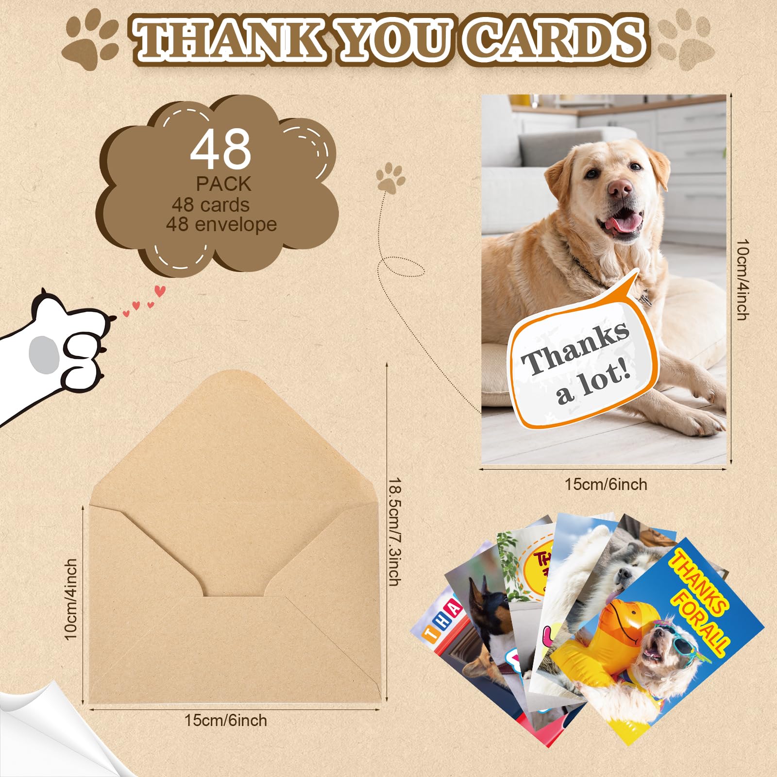 Motiskyy 48 Set Dog Thank You Cards with Envelopes 4 x 6 in Puppy Animal Themed Cards Blank Inside Dog Note Cards Funny Greeting Card for Gratitude, Recognition, Appreciation