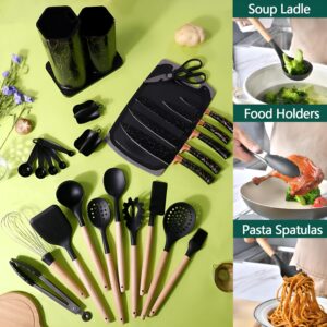 Cooking Utensils Set, 25 PCS Black Sharp Knife Set for Kitchen,Stainless Steel Knives Set,includes 17-Piece Silicone kitchen utensils set,5 Sharp Stainless Steel Chef Knives,Scissors,and Cutting Board