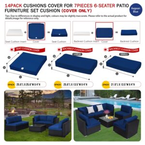 ClawsCover 14 Pack Outdoor Patio Seat and Back Cushion Replacement Covers Fit for 7Pieces 6-Seater Wicker Rattan Furniture Set Sectional Sofa Chair Couch,Aegean Blue-Include Covers Only (Large)