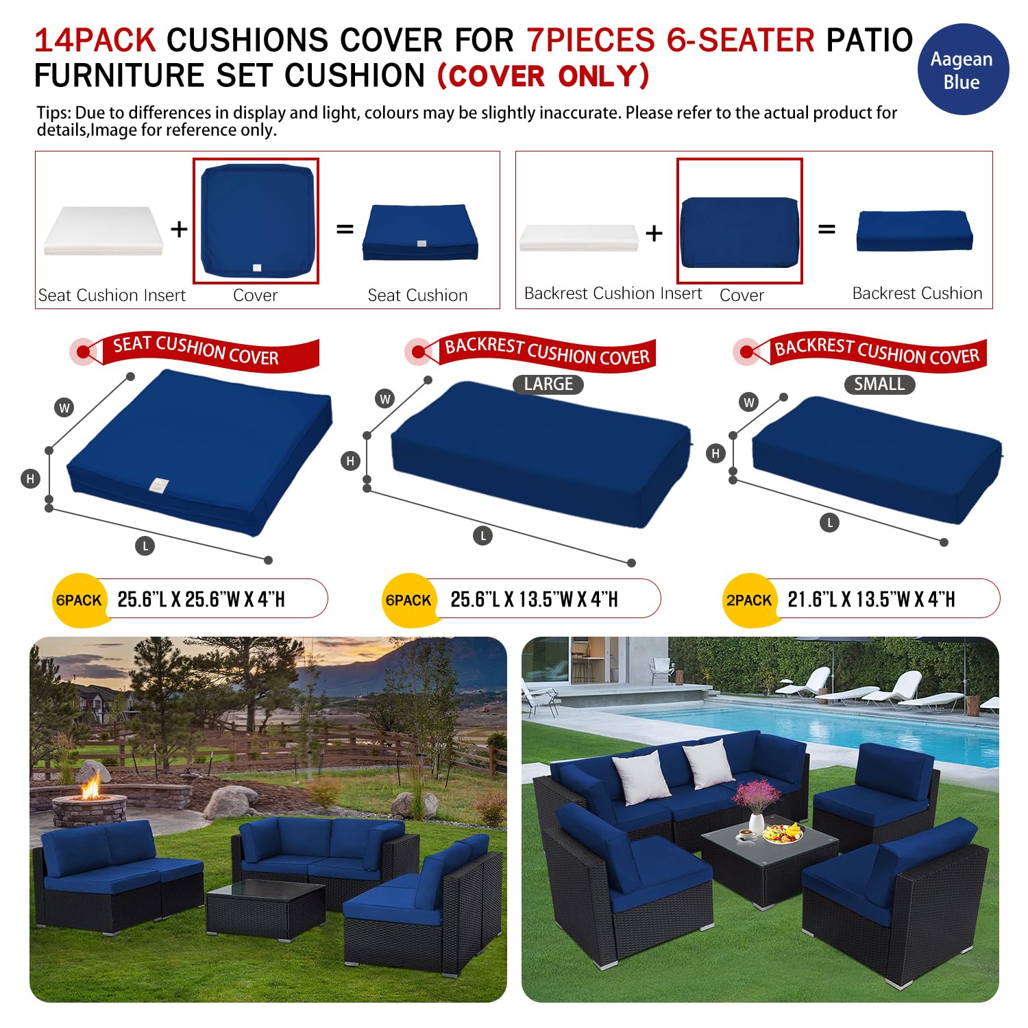 ClawsCover 14 Pack Outdoor Patio Seat and Back Cushion Replacement Covers Fit for 7Pieces 6-Seater Wicker Rattan Furniture Set Sectional Sofa Chair Couch,Aegean Blue-Include Covers Only (Large)