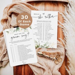 Bridal Shower Games - Set of 4 Bridal Shower Games for 30 Guests, Double-Sided Cards (Eucalyptus)