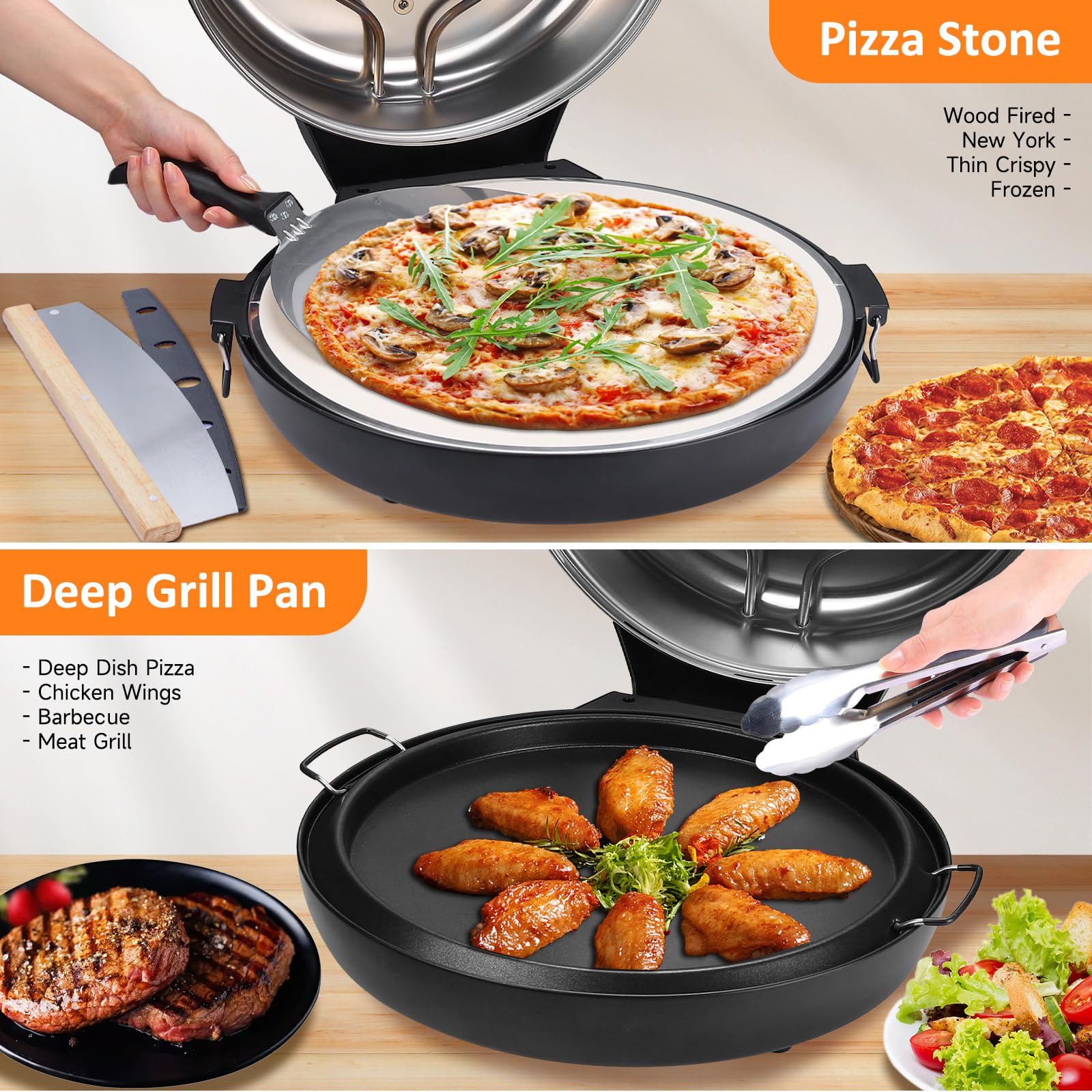 Upgrade Davivy 16" Large Indoor Pizza Oven with Pizza Stone & Grill Pan, Electric Pizza Cooker Heats up to 380℃, Portable Indoor Pizza Maker Machine for Home with Timer, Window - Black