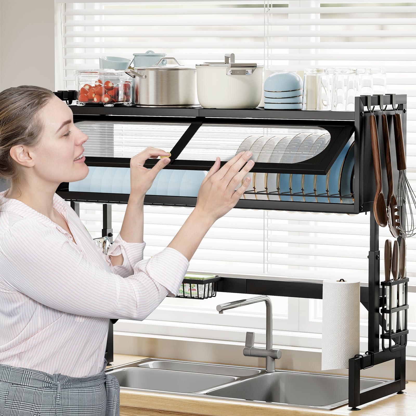 Fixwal Dish Drying Rack 3 Tier Over The Sink Dish Drying Rack for Kitchen Sink Shlef Expandable Height (Black)