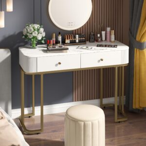 OIOG Console Tables for Entryway, Marble Grain Sofa Table with Stroage, Makeup Dressing Table, Modern Entryway Table with 2 Drawers for Living Room, Hallway, Foyer, Bedroom, White and Gold