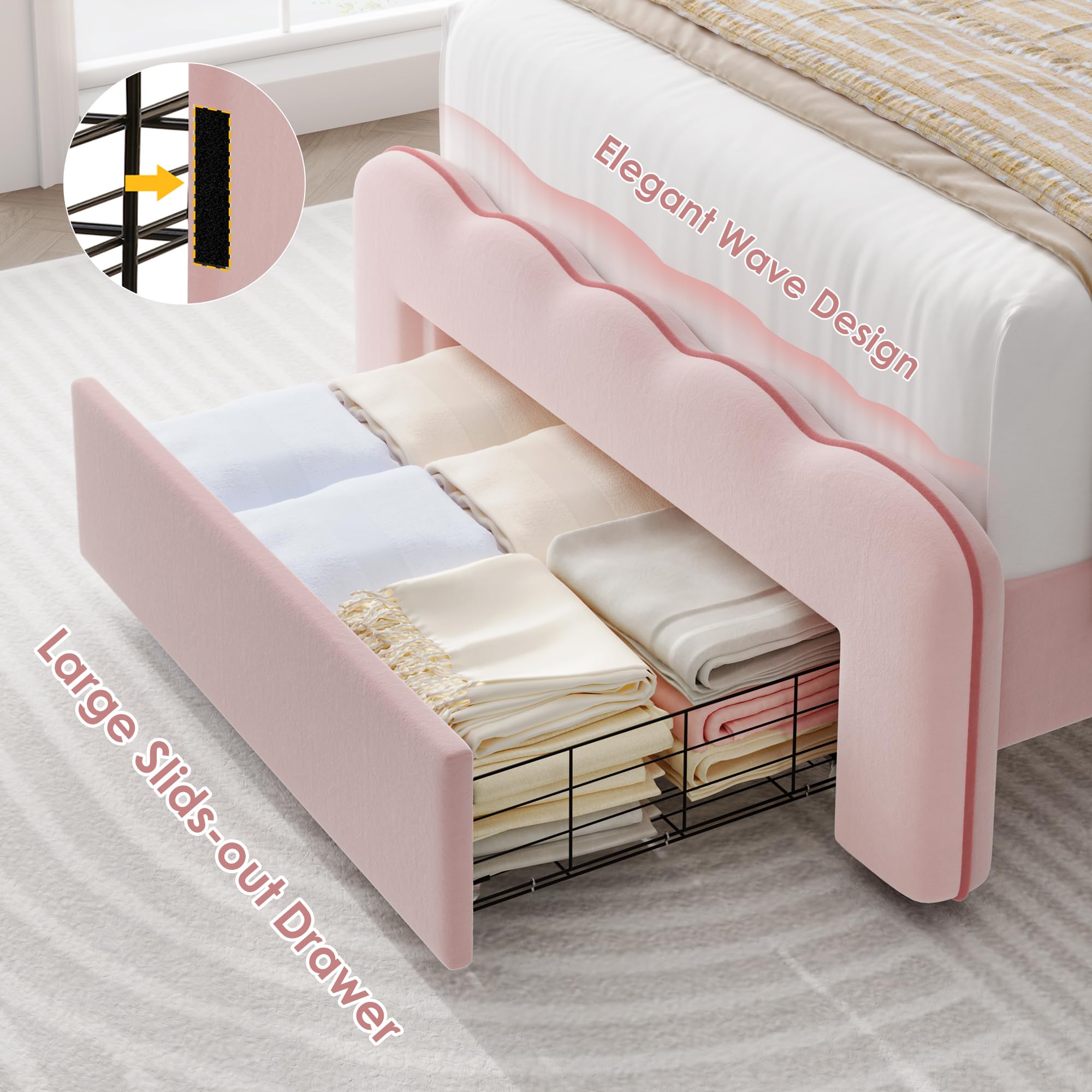 HOSTACK Twin Upholstered LED Bed Frame with Storage Drawer, Cute Girls Bed with Adjustable Lotus Headboard, Velvet Princess Platform Bed Frame, Wooden Slats Support, No Box Spring Needed, Pink/Beige