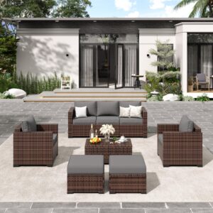 Amopatio Patio Furniture Set, Outdoor Patio Furniture Wicker Rattan Sofa, Outdoor Sectional with Ottomans, Patio Set for Backyard Porch Balcony Furniture (Grey)