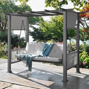 pamapic 3-seat outdoor swing with canopy, proch swing bed with adjustable curtains, 2 in 1 design patio swing chair for balcony, garden and poolside,gray