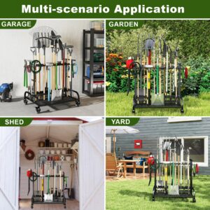 YAGEANNL Garden Tool Organizer with Wheels, Large Capacity Garage Tool Organizer with Hooks, Garden Tool Rack for Broom, Shovel, Long Handled Tool, Metal Yard Tool Organizer for Garage, Shed, Outdoor