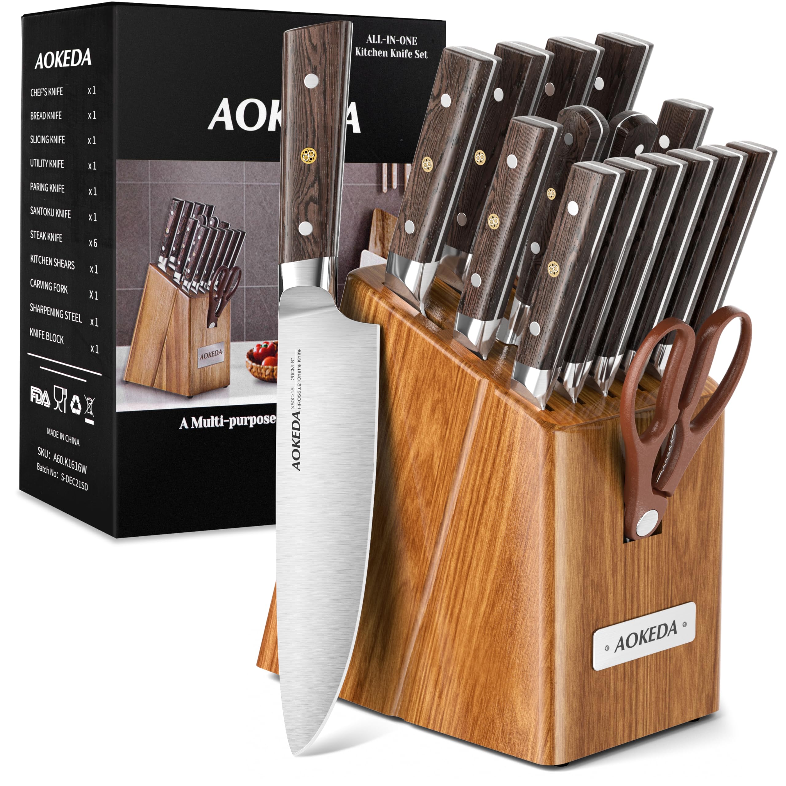 AOKEDA 16-Piece Kitchen Knife Set with Block, with Kitchen Shears and Sharpener, High Carbon German Steel(Natural Wenge)