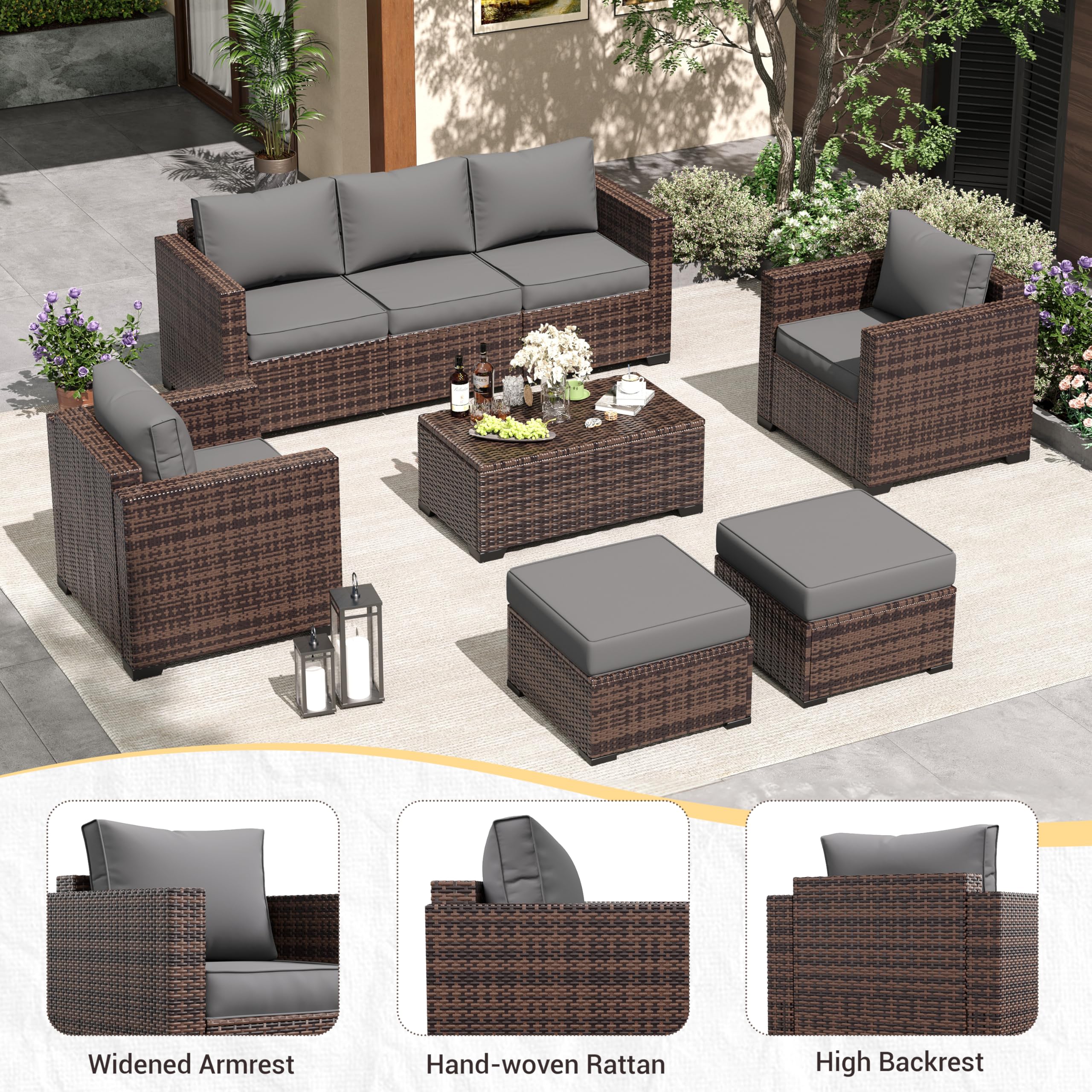 Amopatio Patio Furniture Set, Outdoor Patio Furniture Wicker Rattan Sofa, Outdoor Sectional with Ottomans, Patio Set for Backyard Porch Balcony Furniture (Grey)