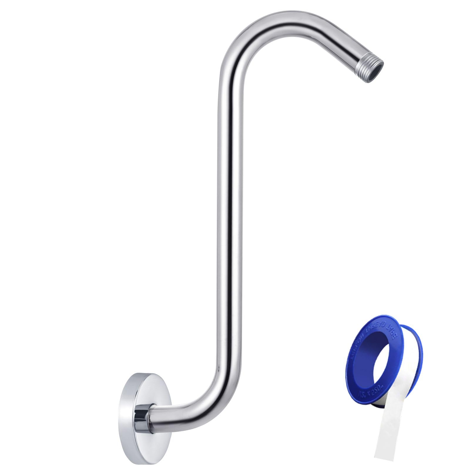 Nuodan Shower Head Extension Arm with Flange, S Shaped High Rise Gooseneck Showerhead Riser Pipe, Standard 1/2" Connection - Bathroom Accessory (12 Inch, Chrome)