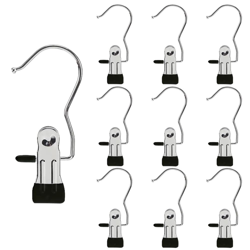 Hangers Clips,Stainless Hooks for Closet Hooks,Laundry Hanging Hooks,Travel Portable Clothes,Boot Tall Towel Hats Socks Pants and Bras (10, Black)