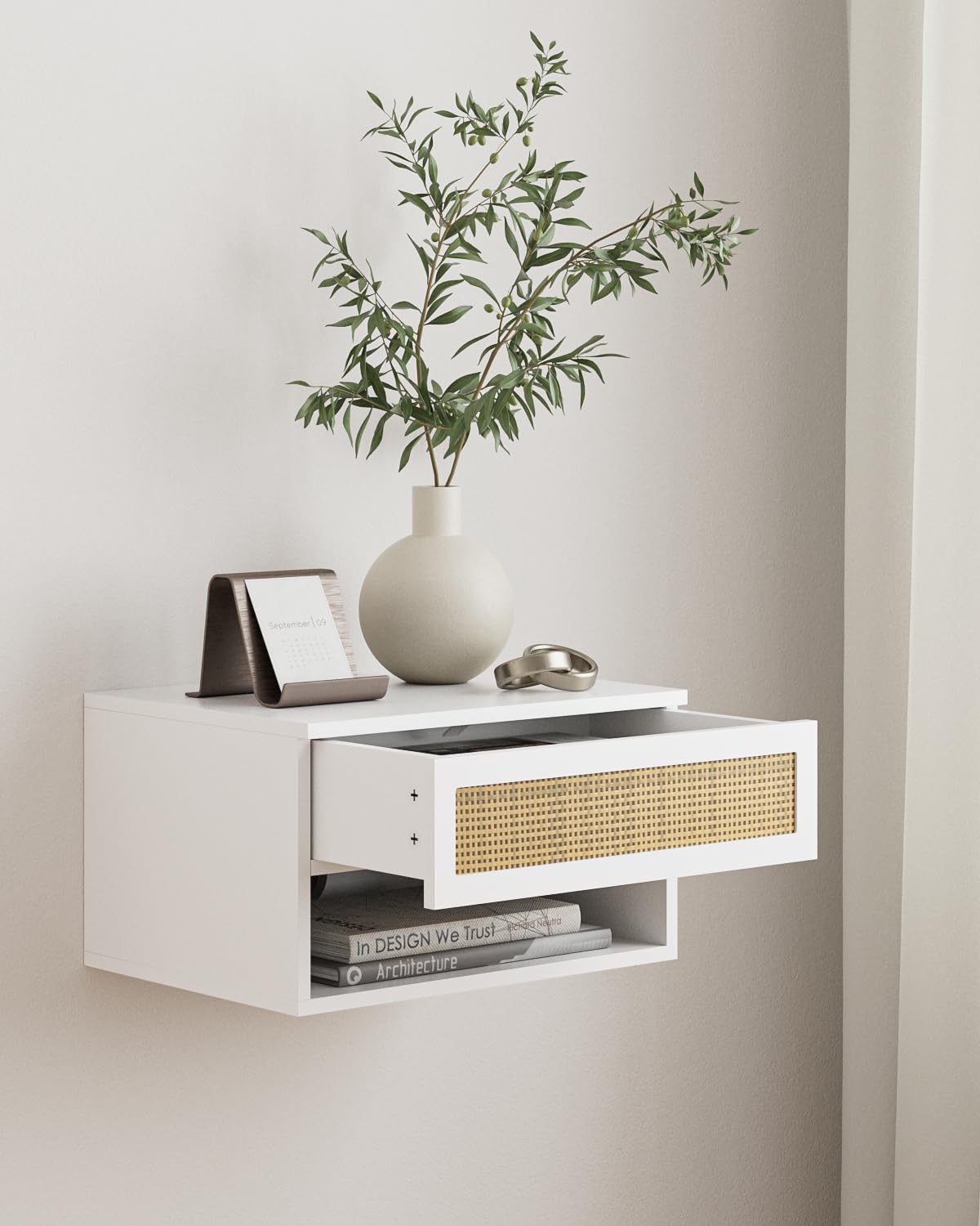 Floating Nightstand, Small Modern Floating Nightstand with Drawer, Floating Shelves for Bedroom, Bathroom (White Rattan)