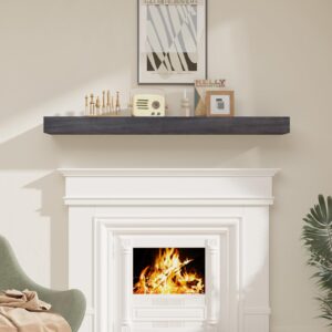 SAUMONIERES Fireplace Mantel Shelves 48 Inch Solid Wood Wall Mounted Long Floating Shelf Hollow, Grey Painted