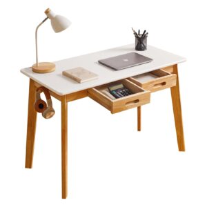 aibiju small computer desk table, wood writing desk with drawer and hanging rod, 39x20x30inch study desk, work desk, wooden dining table white + natural wood legs yd-wd01wn