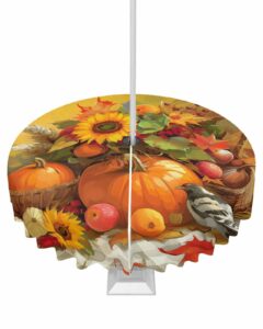 huotupsine fall thanksgiving outdoor tablecloth - 60 inch round dining table cover, pumpkins birds sunflower oil painting waterproof outdoor table cloth with umbrella hole & zipper for picnic/patio