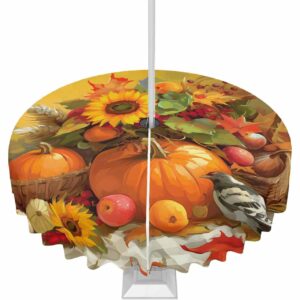 Huotupsine Fall Thanksgiving Outdoor Tablecloth - 60 Inch Round Dining Table Cover, Pumpkins Birds Sunflower Oil Painting Waterproof Outdoor Table Cloth with Umbrella Hole & Zipper for Picnic/Patio