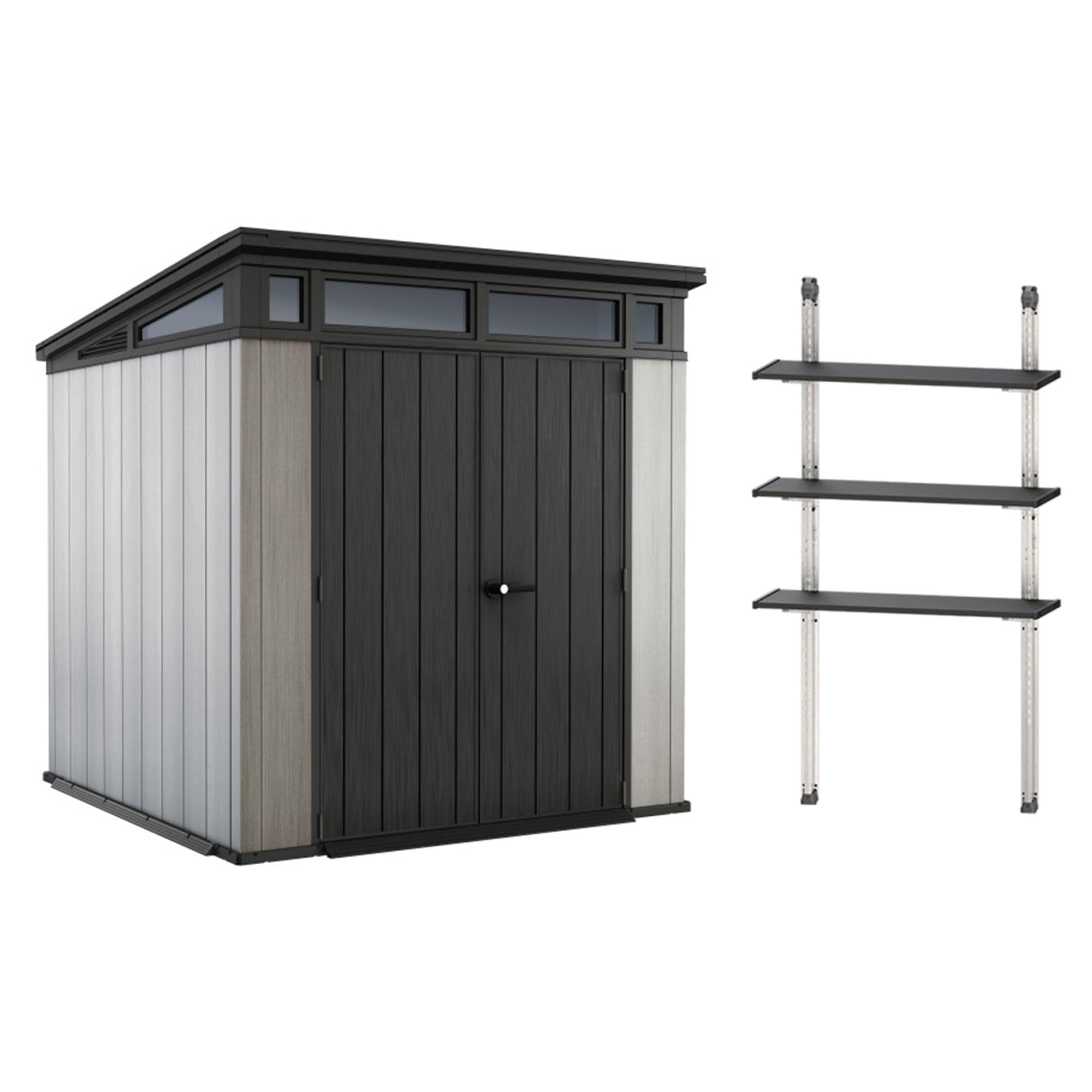 Keter Artisan 7 x 7 Foot Outdoor Garden Tool Storage Shed Backyard Utility Organizer Bundled with 40 Inch Steel Shelving Kit, Gray