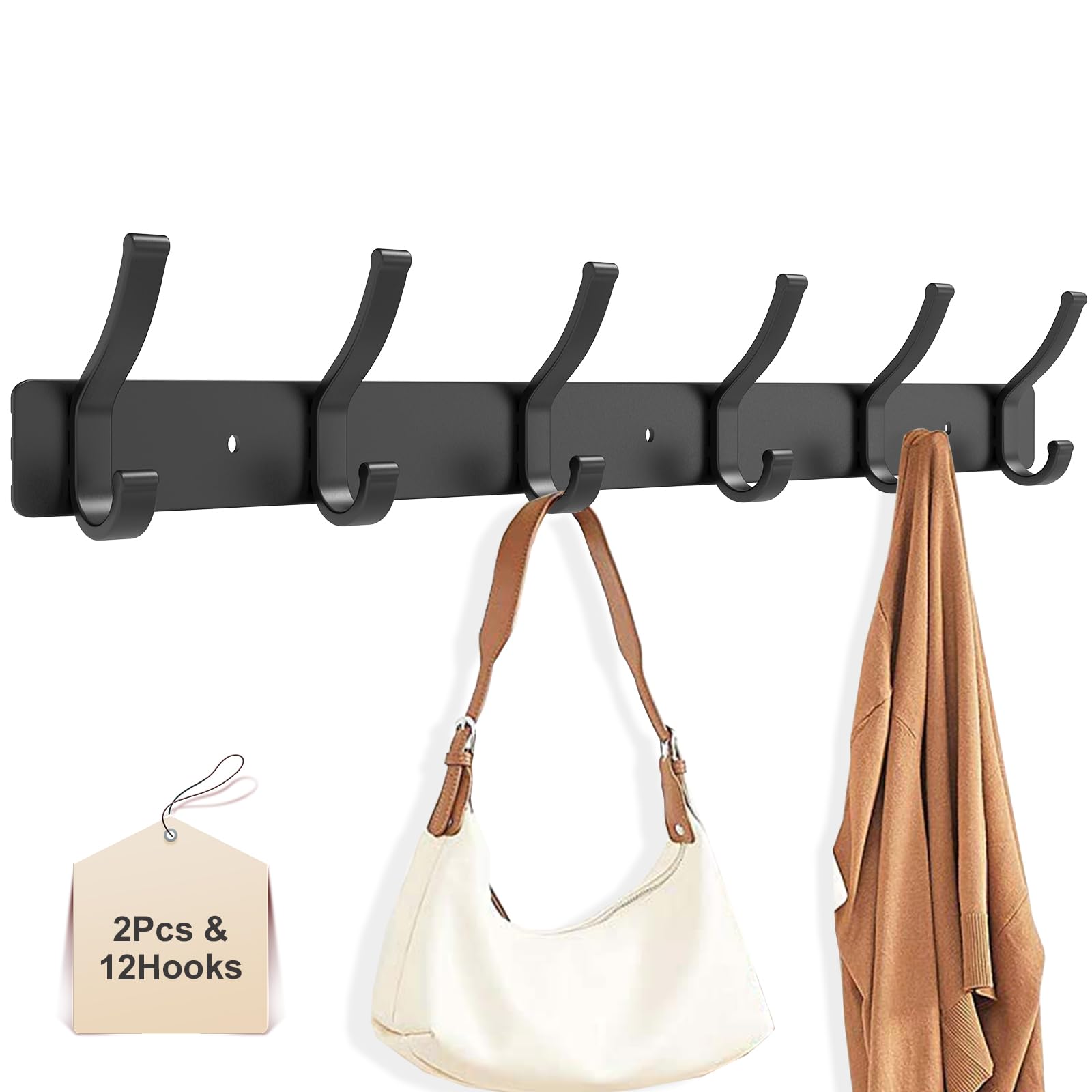 Infixtree 2 Pack Coat Rack Wall Mount, All Metal Wall Hooks for Hanging, Wall Hat Rack with 6 Dual Hooks, Black Coat Hooks for Hat Towel Purse Backpack Baseball Cap