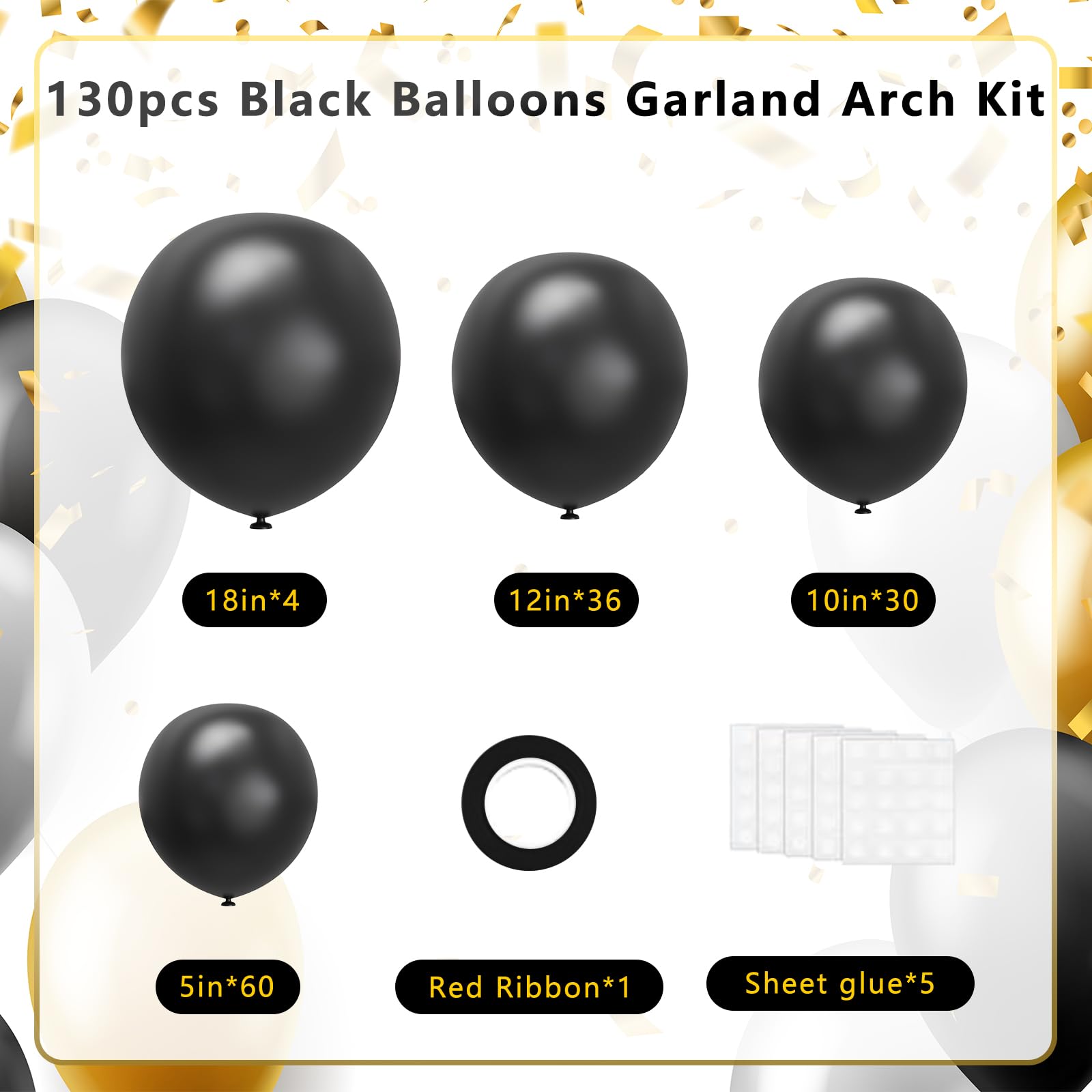 Black Balloons Different Sizes, 130pcs Black Balloons Arch Kit Latex Black Balloons for Birthday Party Graduation Baby Shower Wedding Balloon Decorations