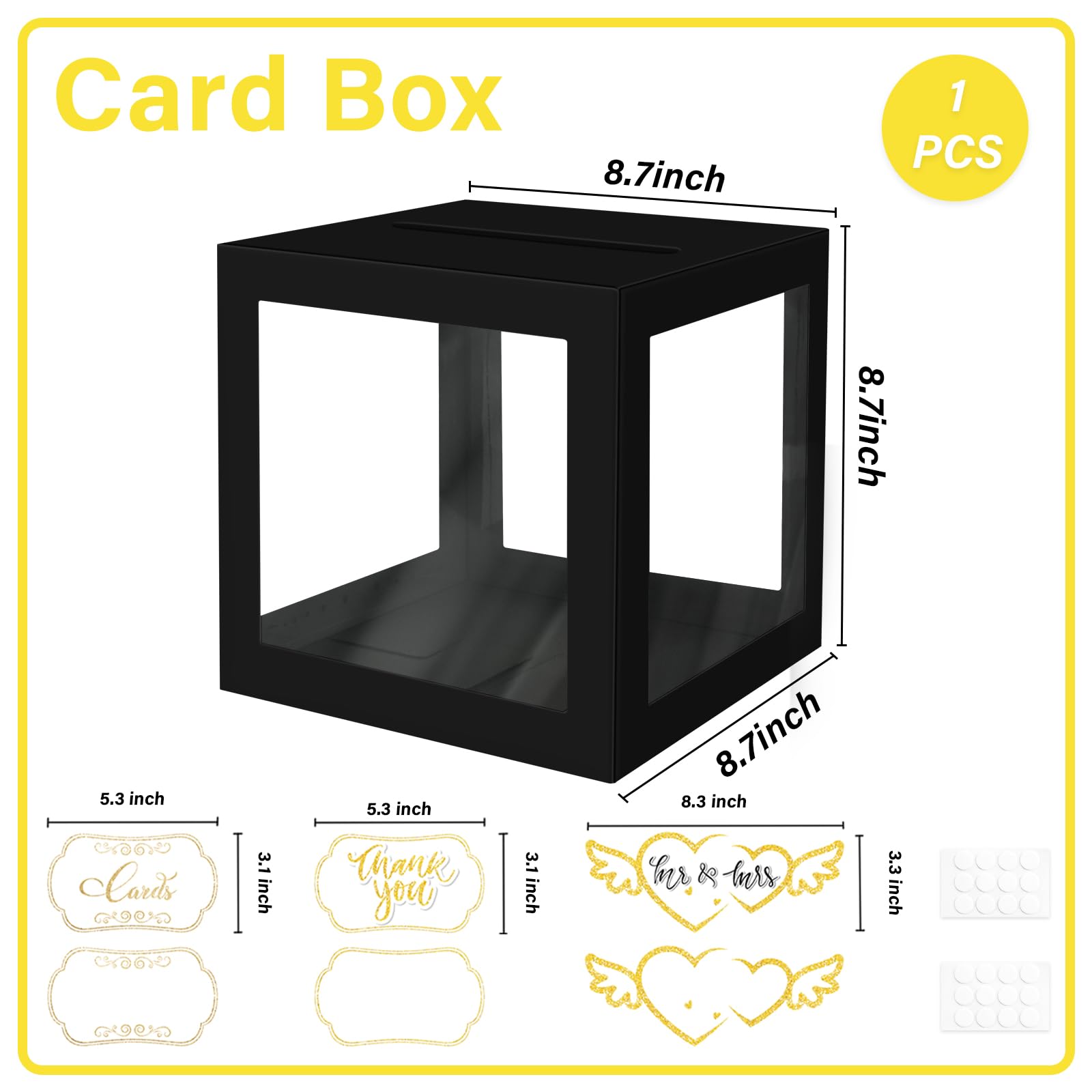 LIKAJON 1 Pack Black Card Box for Party, Transparent Wedding Card Box Gift Cards Receiving Box Money Box for Birthday, Bridal or Baby Showers, Retirement, Anniversary, Graduation, Raffle Ticket Box