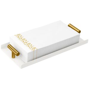 stwwo napkin holder for bathroom, guest towel holder tray for bathroom, white guest napkin holders with golden t-handle, disposable hand towel tray for guest room, table, kitchen