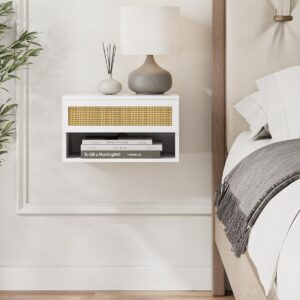 Floating Nightstand, Small Modern Floating Nightstand with Drawer, Floating Shelves for Bedroom, Bathroom (White Rattan)