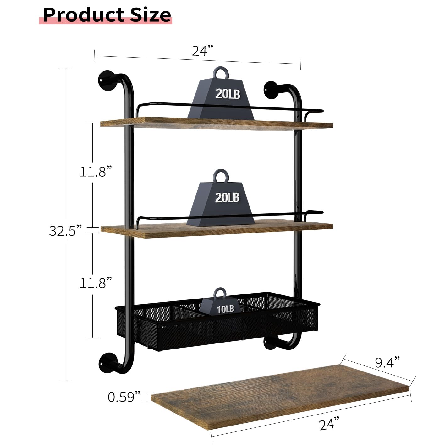 QoQoLiLi 3 Tier Industrial Pipe Shelving, 24Inch Industrial Wall Shelf with Adjustable Baskets and Protective Metal Guardrail, Wall Shelves Unit and Wall Mounted Shelves, Vintage Brown