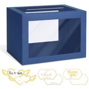 1 pack navy blue card box for party, transparent gift cards receiving box wedding card box money box for birthday, bridal or baby showers, retirement, anniversary, graduation, raffle ticket box