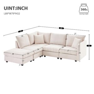 BOSTANA Convertible Sectional Sofa Couch,2 Pillows,5-Seat Couch with Convertible Ottoman,Various Combinations,L-Shape Indoor Furniture for Living Room,Apartment,Office（Beige）