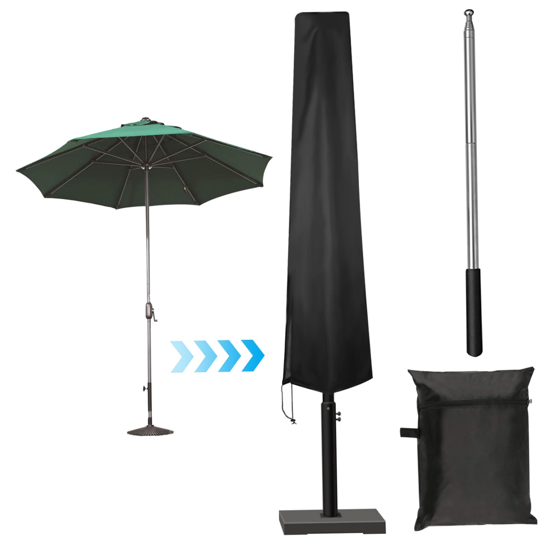 Hperu Parasol Cover Waterproof, Protective Parasol Cover with Telescopic Rod, Outdoor Umbrella Cover with Zippe and Drawstring, Cantilever Parasol Cover for Patio, Garden