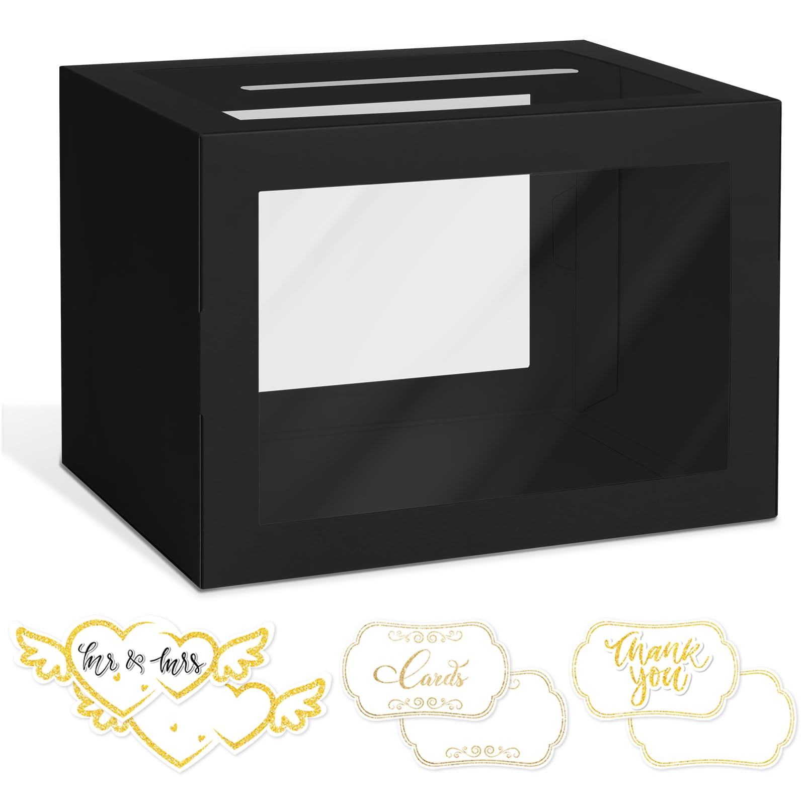 LIKAJON 1 Pack Black Card Box for Party, Transparent Gift Cards Receiving Box Wedding Card Box Money Box for Birthday, Bridal or Baby Showers, Retirement, Anniversary, Graduation, Raffle Ticket Box