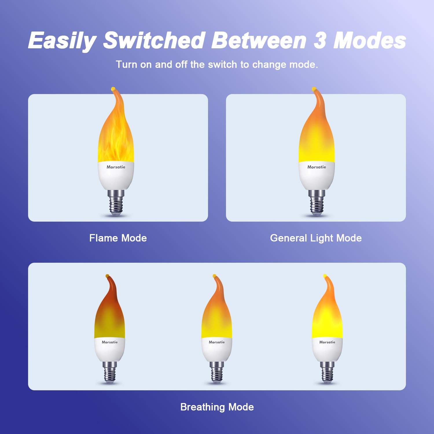 Morsatie Upgraded Flame LED Flame Light Bulbs, 3 Mode E12 Flickering Light Bulbs, Chandelier Base Candle Fire Light Bulb for Halloween Christmas Party Porch Patio Indoor Outdoor Decoration-6 Pack