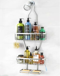 shower caddy hanging bathroom organizer: over head long rack for tall showerhead - extra large shelf for big shampoo bottles with soap holder