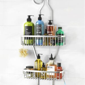 Shower Caddy Hanging Bathroom Organizer: Over Head Long Rack for Tall Showerhead - Extra Large Shelf for Big Shampoo Bottles with Soap Holder